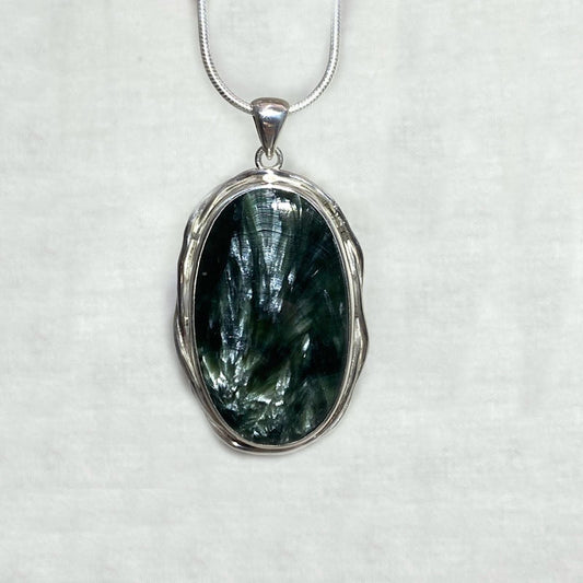Oval Seraphinite Ornate Sterling Silver Pendant