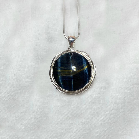 Round Hawkeye Ornate Sterling Silver Pendant