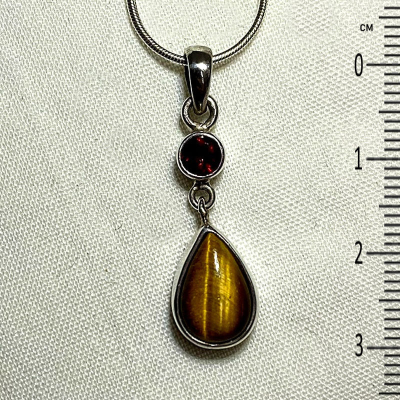 Teardrop Tigers Eye & Faceted Garnet Pendant