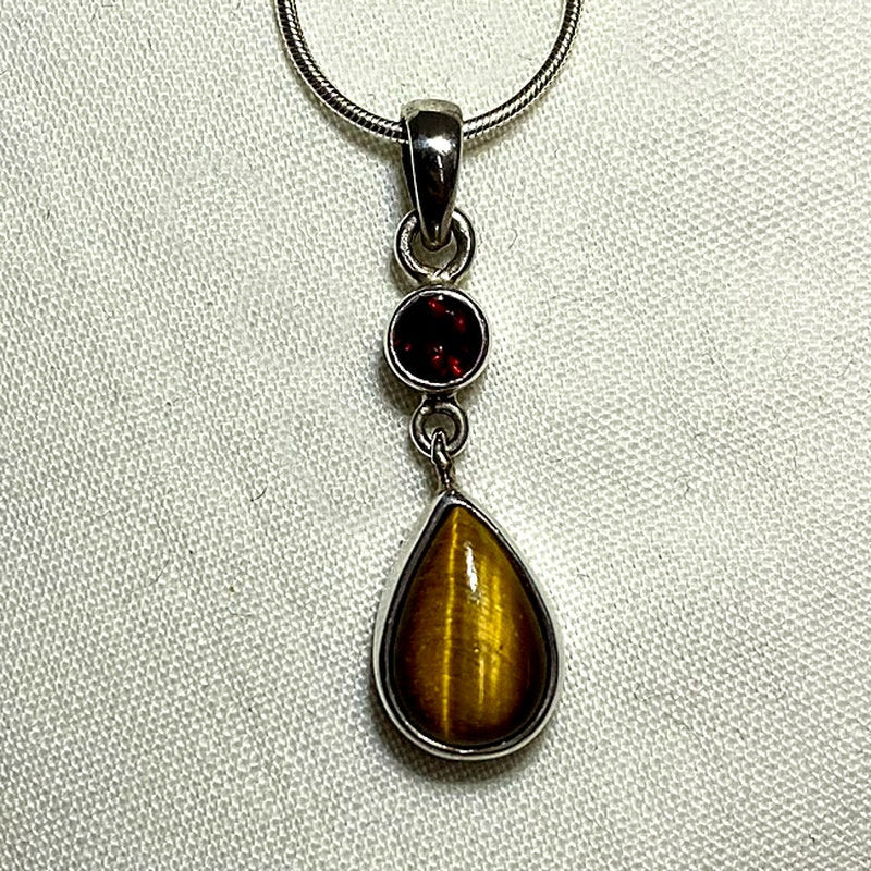 Teardrop Tigers Eye & Faceted Garnet Pendant
