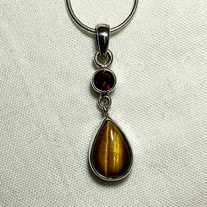 Teardrop Tigers Eye & Faceted Garnet Pendant