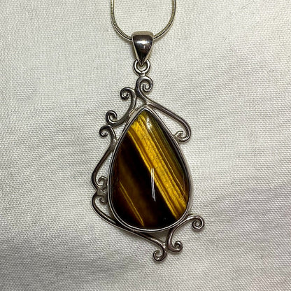 Teardrop Tigers Eye Swirling Sterling Silver Pendant