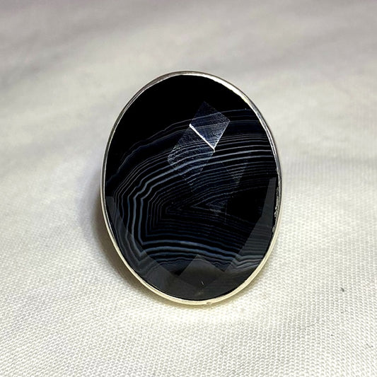 Faceted Oval Banded Agate Ring- Size 8