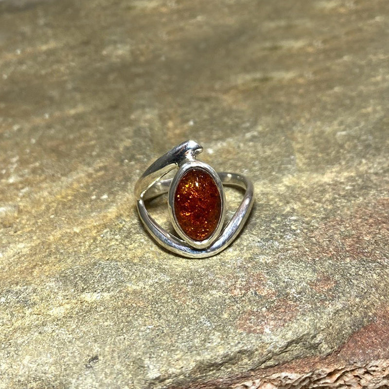 Offset Sterling Silver Band Oval Amber Ring- Size 7.5