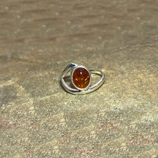 Oval Amber Offset Sterling Silver Ring- Size 9