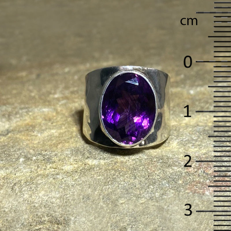 Oval Faceted Amethyst with Hammered Sterling Silver Band Ring- Size 8.5