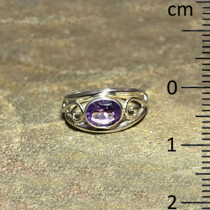 Swirling Sterling Silver Oval Faceted Amethyst Ring- Size 10