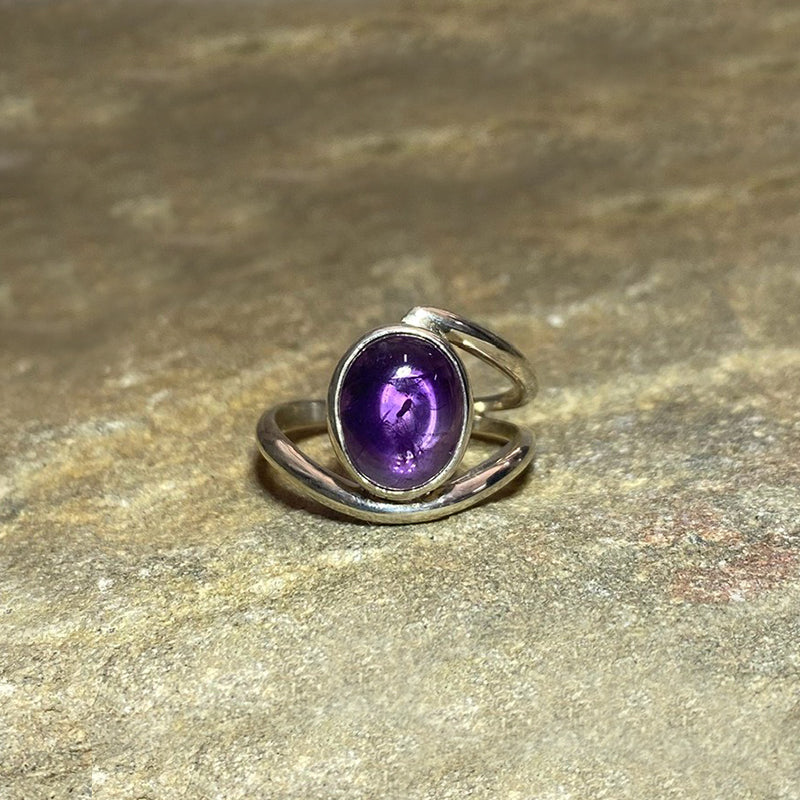 Sterling Silver Offset Oval Amethyst Ring- Size 8