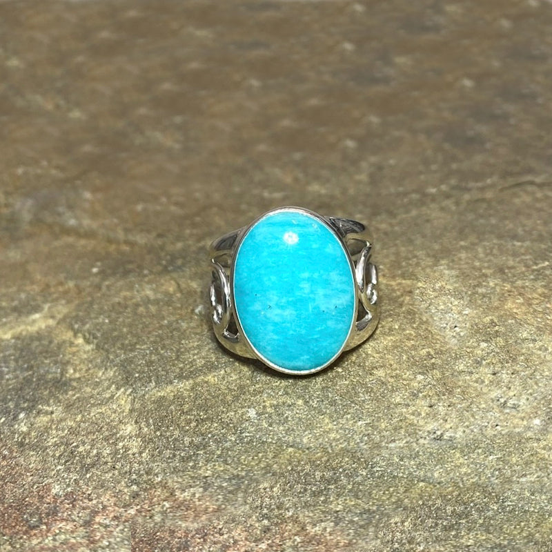 Oval Amazonite Swirling Sterling Silver Ring- Size 9