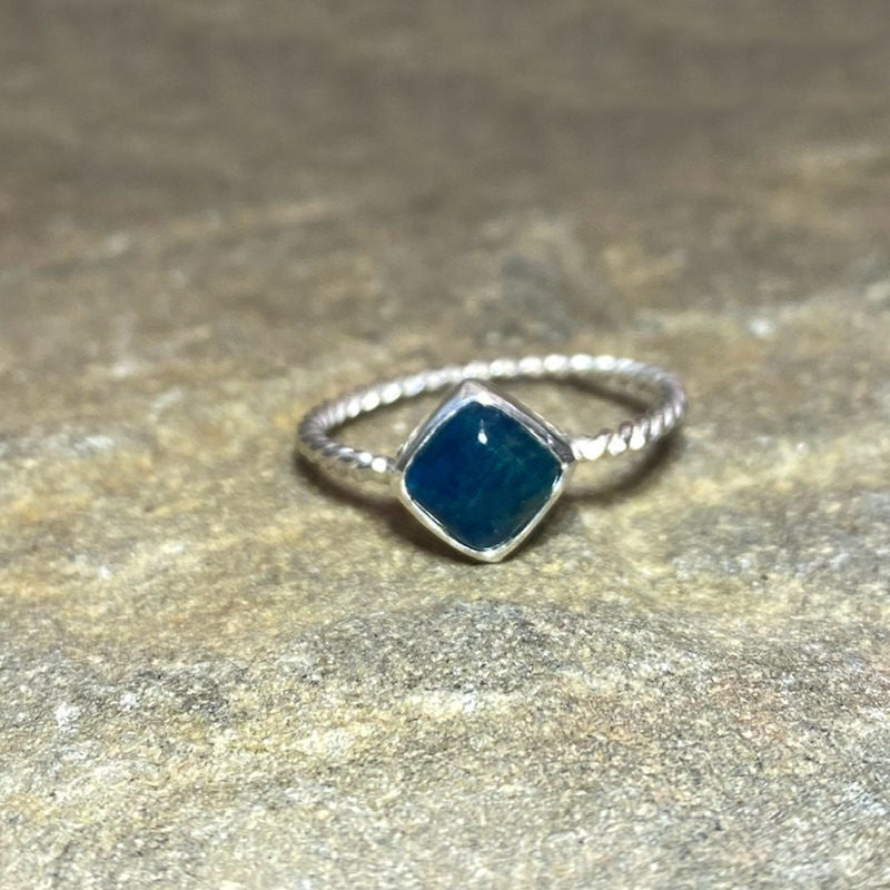 Diamond Shaped Blue Apatite Ring- Size 8