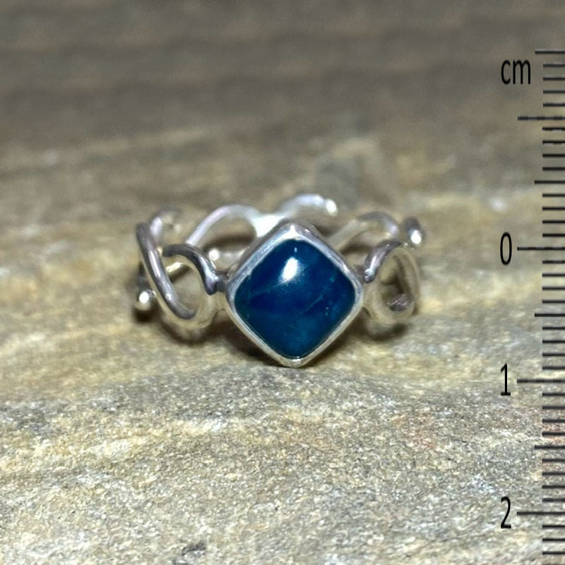 Diamond Shaped Blue Apatite Swirling Sterling Silver Ring- Size 7.5