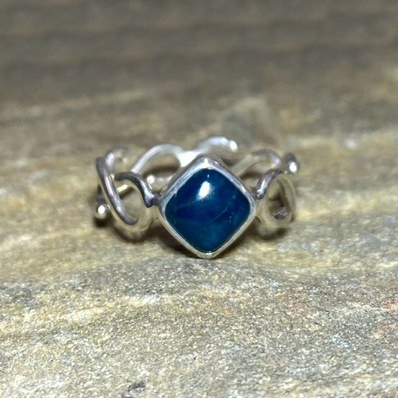 Diamond Shaped Blue Apatite Swirling Sterling Silver Ring- Size 7.5