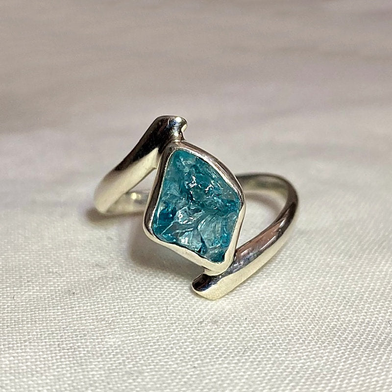 Natural Neon Apatite Offset Sterling Silver Ring- Size 9