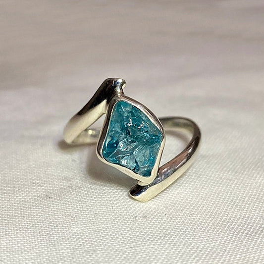 Natural Neon Apatite Offset Sterling Silver Ring- Size 9