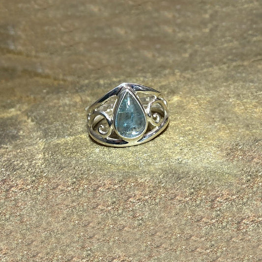 Teardrop Aquamarine Swirling Sterling Silver Ring- Size 8