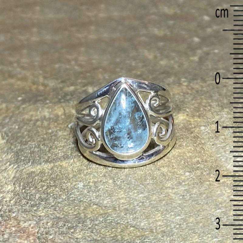 Teardrop Aquamarine Swirling Sterling Silver Ring- Size 8
