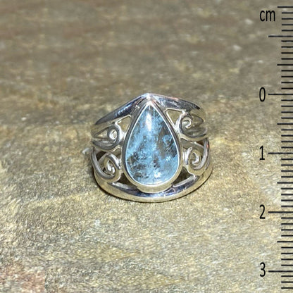 Teardrop Aquamarine Swirling Sterling Silver Ring- Size 8