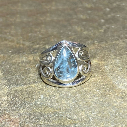 Teardrop Aquamarine Swirling Sterling Silver Ring- Size 8