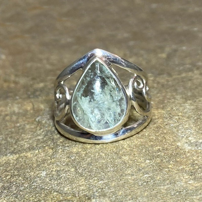 Teardrop Aquamarine Swirling Sterling Silver Ring- Size 9.5