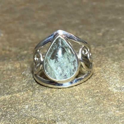 Teardrop Aquamarine Swirling Sterling Silver Ring- Size 9.5