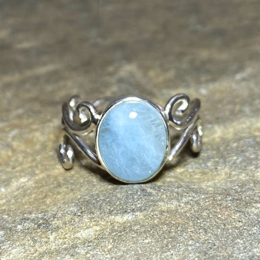 Oval Aquamarine Swirling Sterling Silver Ring- Size 10