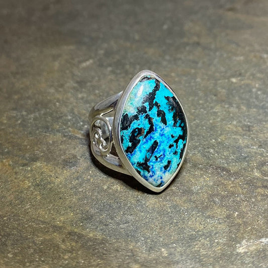 Diamond Shaped Azurite Swirling Silver Ring- Size 9.5