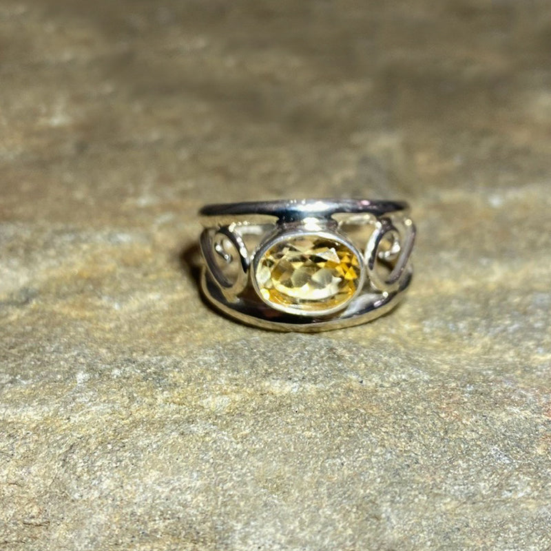 Swirling Sterling Silver Oval Faceted Citrine Ring- Size 7.5