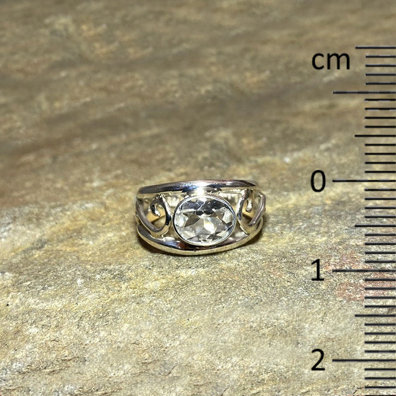 Swirling Sterling Silver Faceted Oval Clear Quartz Ring- Size 9