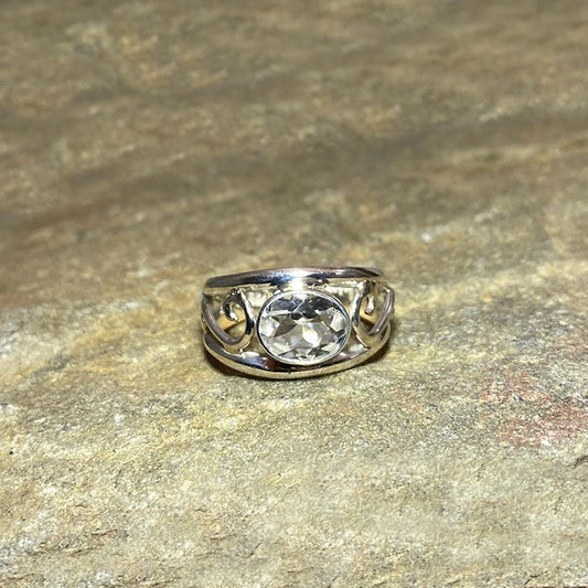 Swirling Sterling Silver Faceted Oval Clear Quartz Ring- Size 9