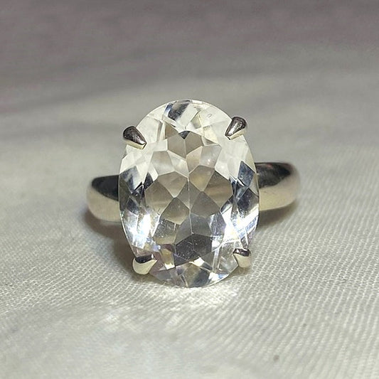 Faceted Oval Clear Quartz Ring- Size 8