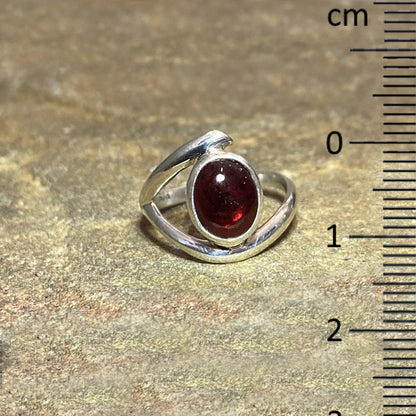 Sterling Silver Offset Oval Garnet Ring- Size 7