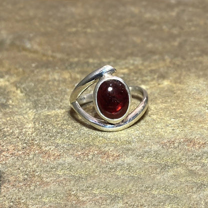 Sterling Silver Offset Oval Garnet Ring- Size 7