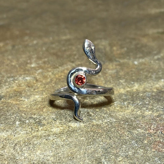 Round Faceted Garnet Sterling Silver Snake Ring- Size 6.5