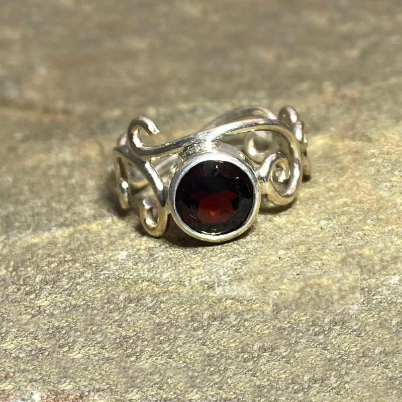 Faceted Round Garnet Swirling Sterling Silver Ring- Size 9