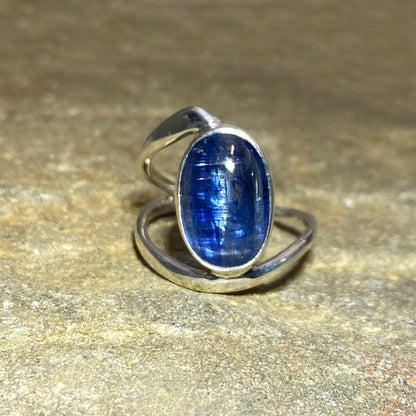 Sterling Silver Offset Oval Blue Kyanite Ring- Size 9