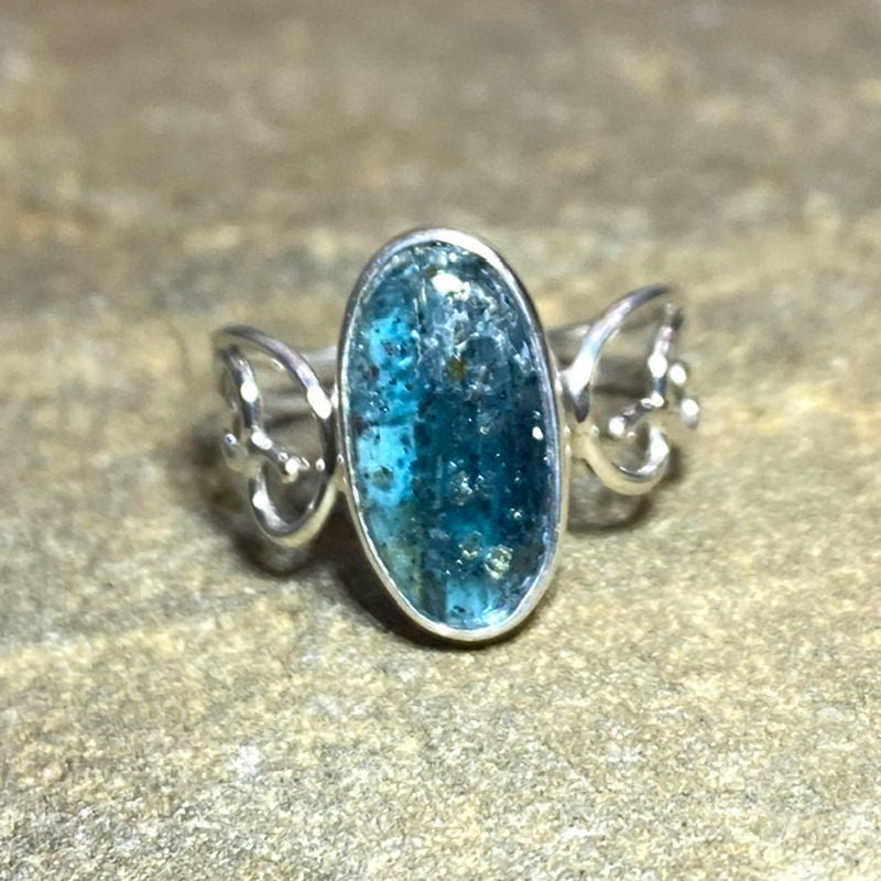 Oval Green Kyanite Swirling Sterling Silver Ring- Size 7.5