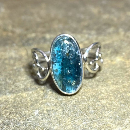 Oval Green Kyanite Swirling Sterling Silver Ring- Size 7.5