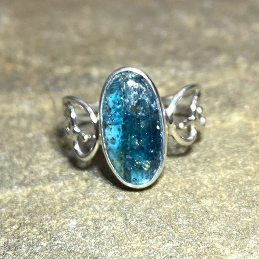 Oval Green Kyanite Swirling Sterling Silver Ring- Size 7.5