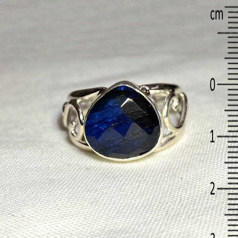 Faceted Teardrop Labradorite Swirling Sterling Silver Ring- Size 9