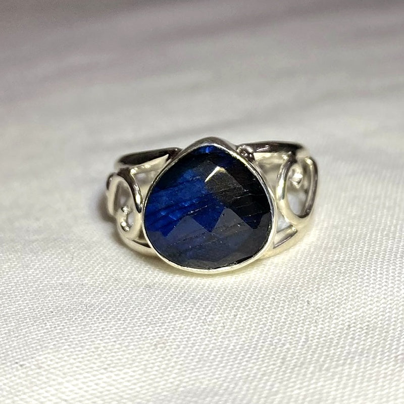 Faceted Teardrop Labradorite Swirling Sterling Silver Ring- Size 9