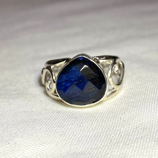 Faceted Teardrop Labradorite Swirling Sterling Silver Ring- Size 9