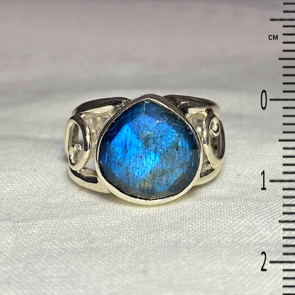 Faceted Teardrop Labradorite Swirling Sterling Silver Ring- Size 7
