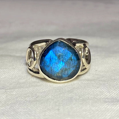 Faceted Teardrop Labradorite Swirling Sterling Silver Ring- Size 7