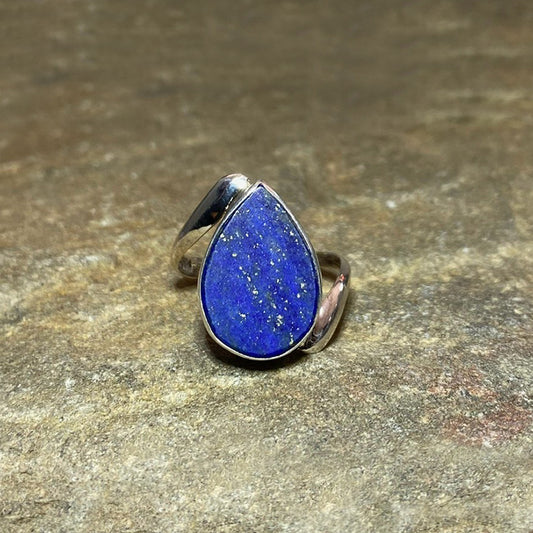 Teardrop Lapis Lazuli Sterling Silver Offset Ring- Size 8