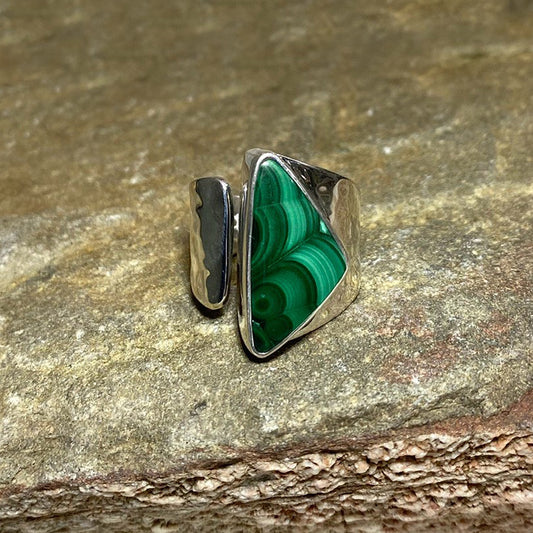 Hammered Sterling Silver Triangle Malachite Ring- Size 8.5