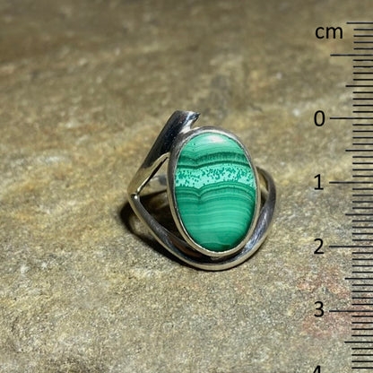 Sterling Silver Offset Oval Malachite Ring- Size 8.5