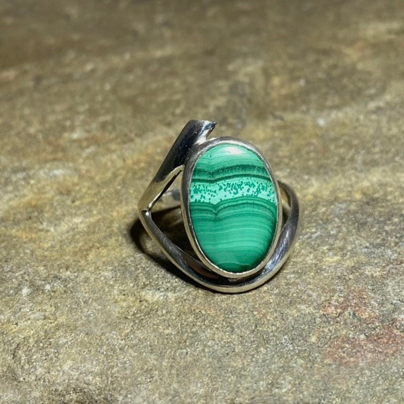 Sterling Silver Offset Oval Malachite Ring- Size 8.5