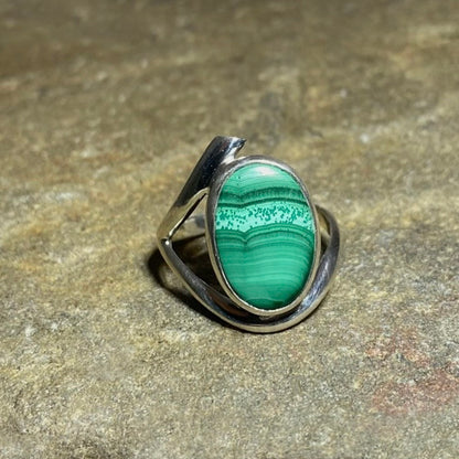 Sterling Silver Offset Oval Malachite Ring- Size 8.5