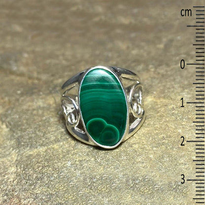 Oval Malachite Swirling Sterling Silver Ring- Size 8.5