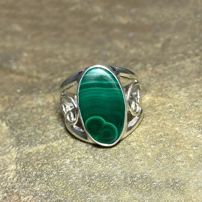 Oval Malachite Swirling Sterling Silver Ring- Size 8.5